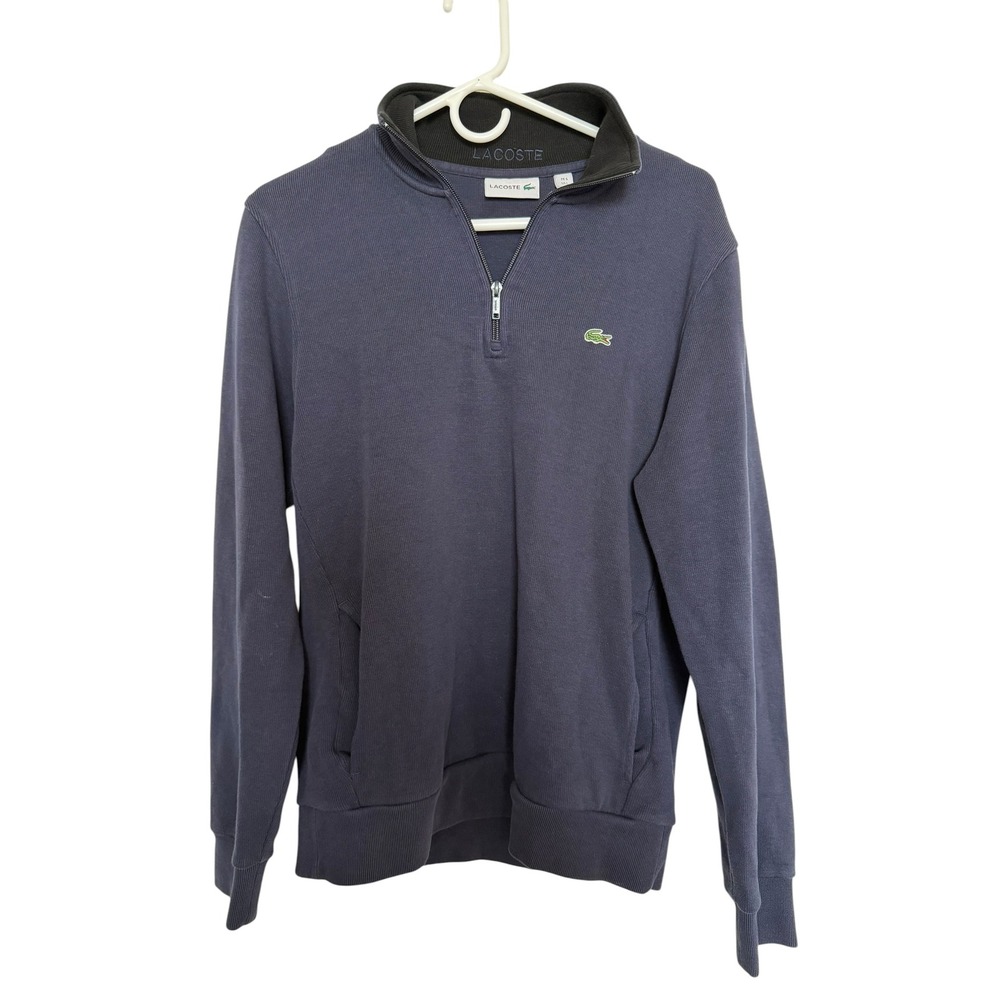 Lacoste Mens Quarter Zip Pullover Sweater Navy Blue Embroidered Logo Size L